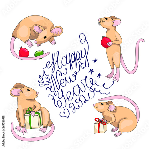 Christmas or New year rat characters. 2020 Winter background with rat. Chinese year of Rat 2020.
