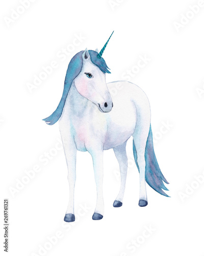 Watercolor hand drawn illustration with cute white and blue colors unicorn isolated on white background