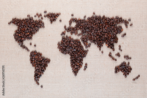 World map from coffee beans on linen canvas