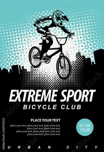 Canvas-taulu Vector banner or flyer with cyclist on the bike and words Extreme sport on the urban background