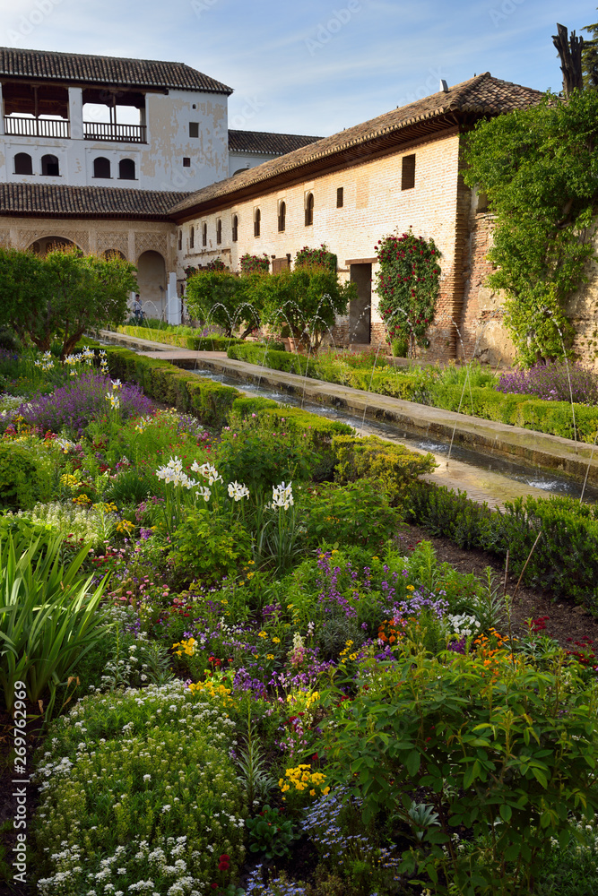 Flower garden in the Court of the Water Channel at the Sultans north Pavillion Generalife Granada