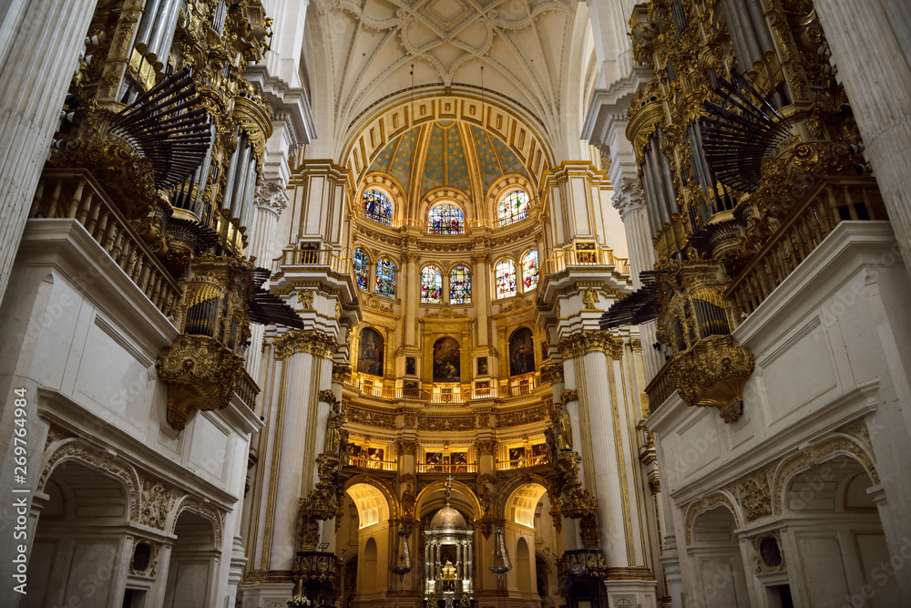 Two pipe organs and rotunda dome of the main altar in the Granada Cathedral of the Incarnation