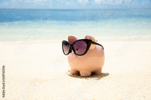 Piggybank Wearing Black Sunglasses On Beach © Andrey Popov