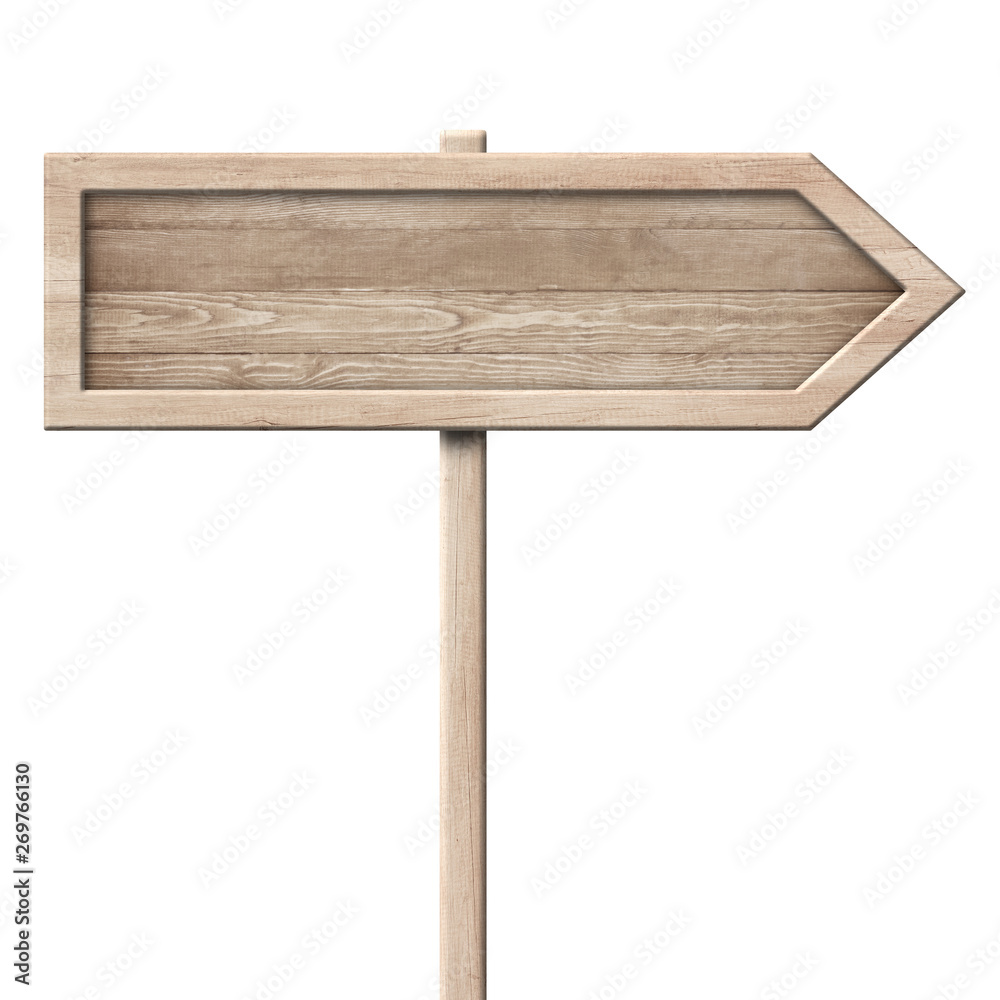 Fototapeta premium Prosty drewniany drogowskaz ze strzałką wykonany z naturalnego drewna z pojedynczym słupem i jasną ramą