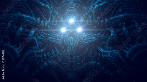 Photography Terrible skull head of cybernetic organism with wires and mechanisms under water