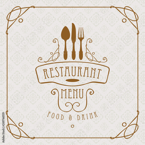 Template vector menu for restaurant with flatware and curlicues in baroque style with light seamless background pattern