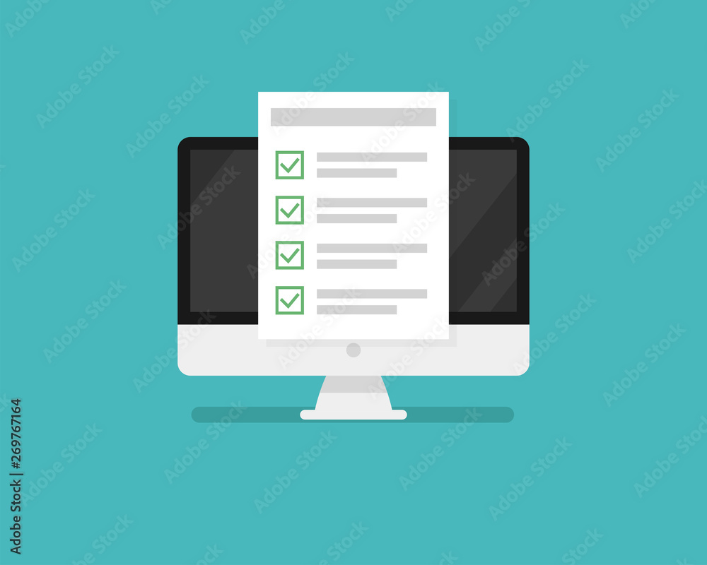 Computer and application or test with checklist form with green checkmark. Paper document with checkbox on page. Computer and application or test with checklist form with green checkmark. Paper document with checkbox on page.