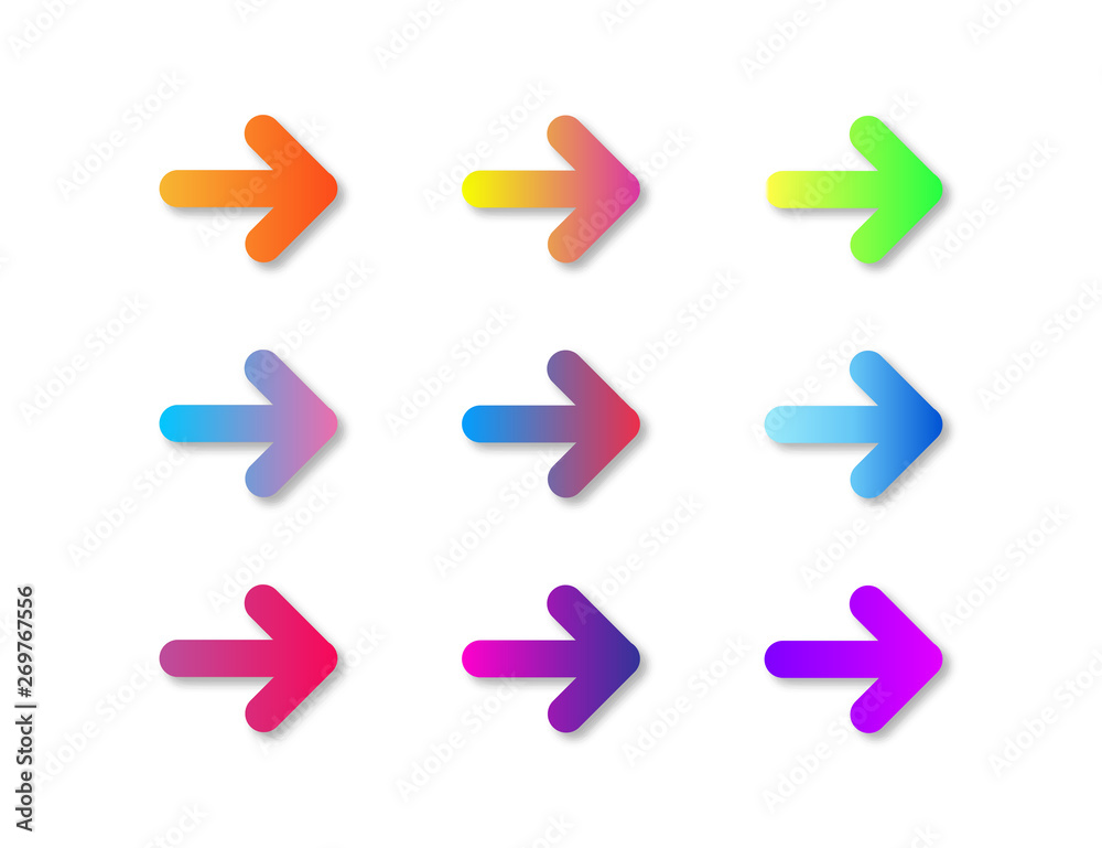 Gradient arrow button. Colored sign of navigation. Isolated arrows with shadows. Elements for web or application. Gradient arrow button. Colored sign of navigation. Isolated arrows with shadows. Elements for web or application.