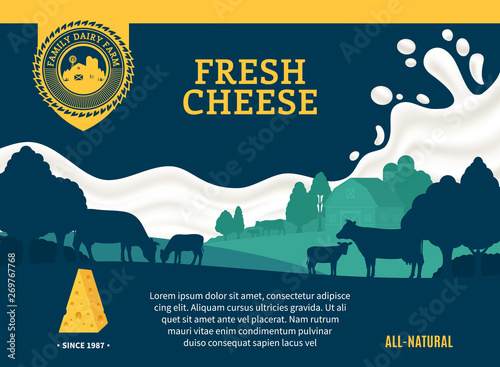 Cheese illustration with cows, calves, farm and milk splash