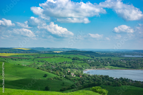 Village on the lake in summer