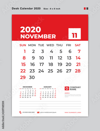 NOVEMBER 2020 year template, Desk Calendar for 2020 year, week start on sunday, planner, stationery, red Concept, vertical layout vector, business printing design