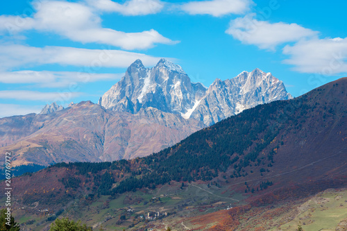 View of Mount Ushba. Ushba is one of the most notable peaks of the Caucasus range, located in the Svaneti region of Georgia.