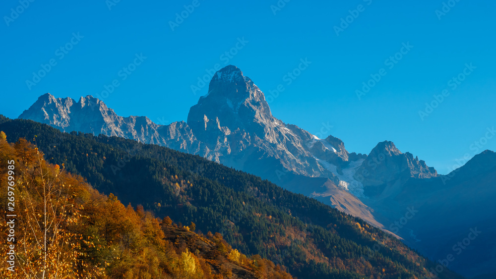 Mount Ushba, one of the most notable peaks of Caucasus Mountains, Svaneti, Georgia