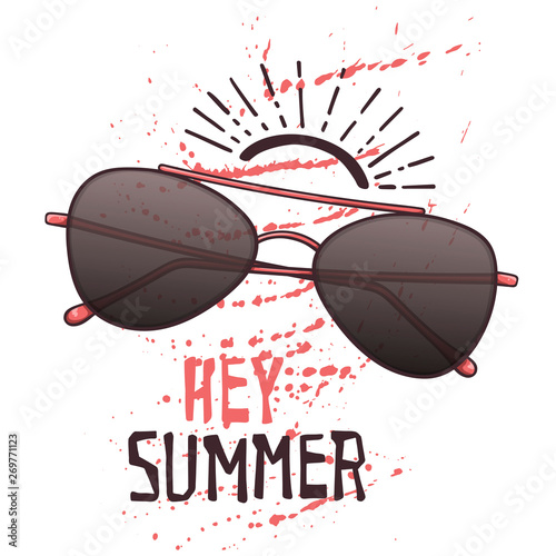 Vector sketch glasses in vintage style. Lettering: hey summer.