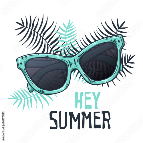 Vector sketch glasses in vintage style. Lettering: hey summer.