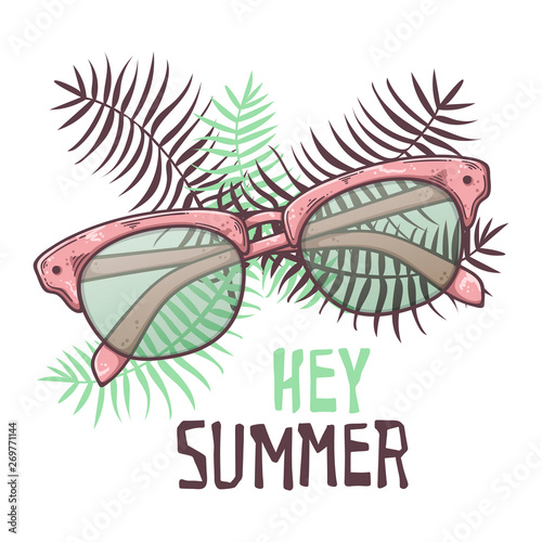 Vector sketch glasses in vintage style. Lettering: hey summer.