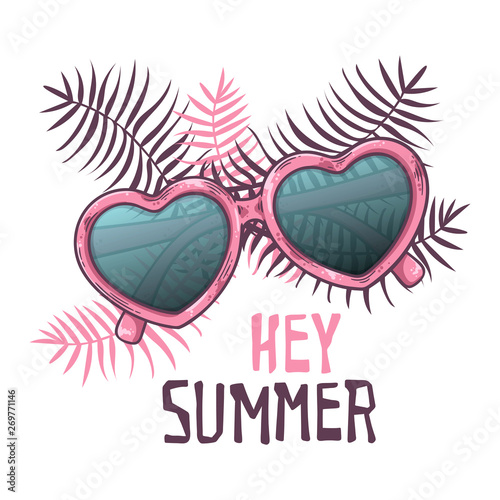 Vector sketch glasses in vintage style. Lettering: hey summer.