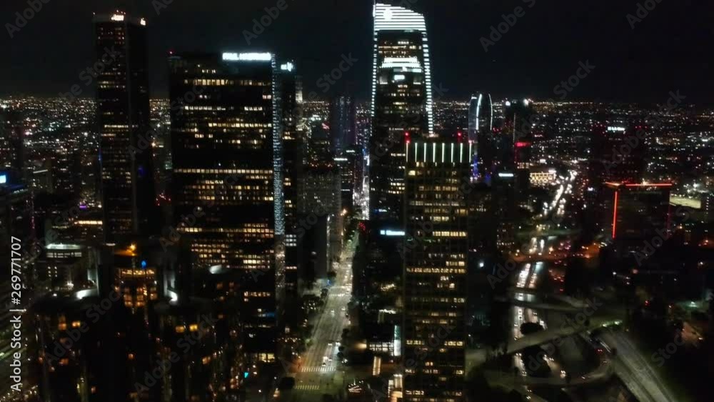Los Angeles Downtown At Night Aerial Drone View   