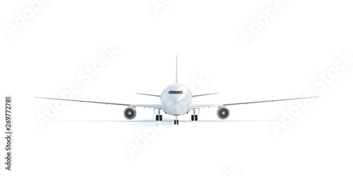 Blank white airplane mockup stand, front view isolated, 3d rendering. Clear nose cockpit in airliner mokcup template. Empty air aerobus model with crew cabin. Clean airborne flight deck boing mock-up.