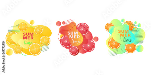 Summer time web banners set with fruits lemon, orange, grapefruit, abstract liquid shapes and text.