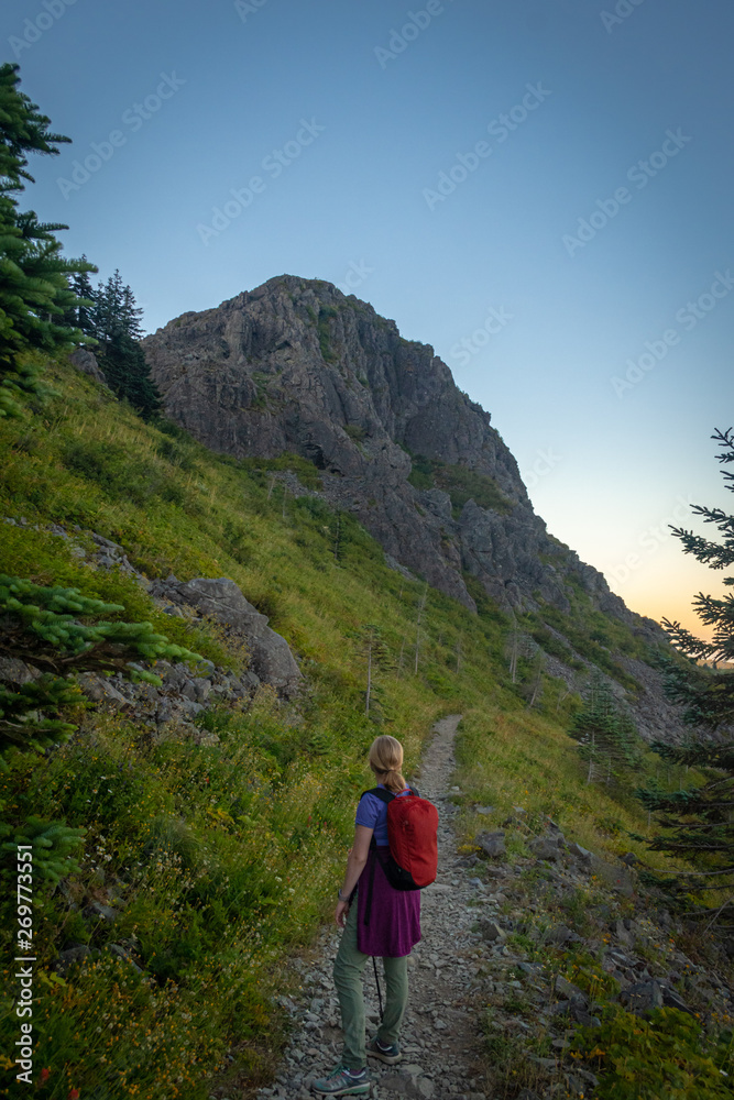 Hiker Looking at Mountain in Distance on Trail