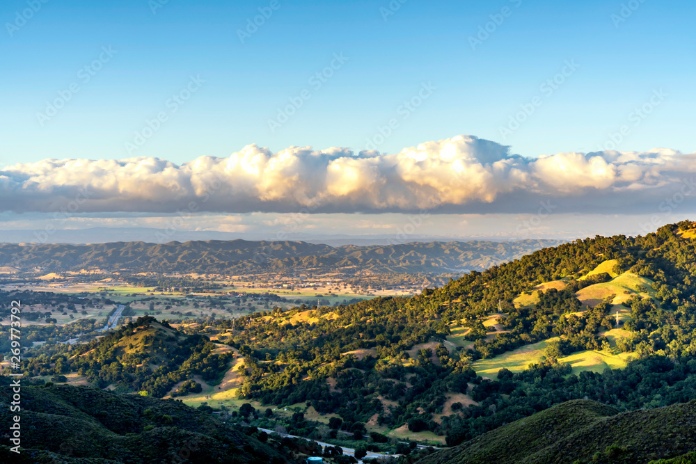 Panorama of Mountain and Valley at Evening Sunset