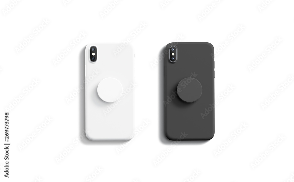 Blank black and white pop sockets attached on mobile mockups, isolated, top view, 3d rendering. Empty rubber popsocket holder on smartphone mock up. Clear round handle stick on cellphone. Illustration Stock