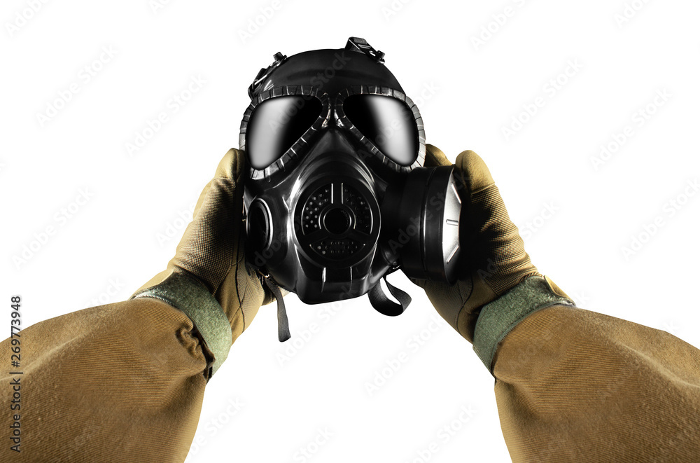 Isolated first person view military hands holding gas mask. Stock Photo |  Adobe Stock