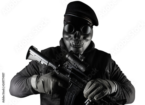 Canvas Print Isolated soldier in skull mask, glasses and beret face front view