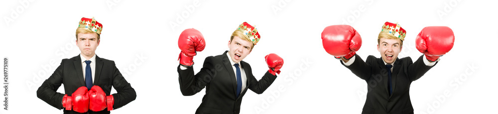 Funny businessman with crown and boxing gloves Funny businessman with crown and boxing gloves