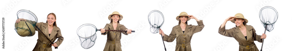 Woman wearing safari hat on white