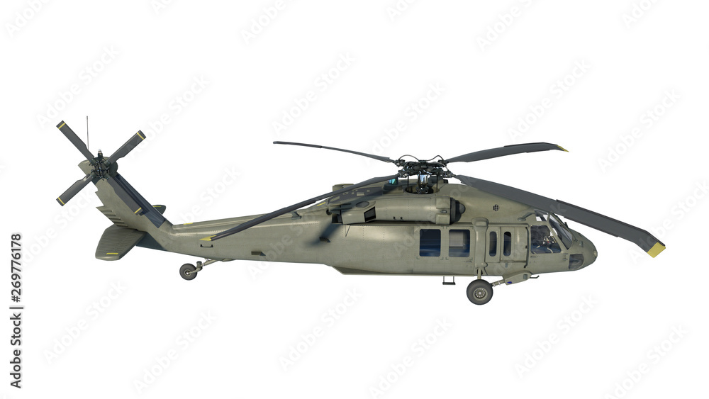 Helicopter in flight, military aircraft, army chopper isolated on white background, side view, 3D rendering Helicopter in flight, military aircraft, army chopper isolated on white background, side view, 3D rendering