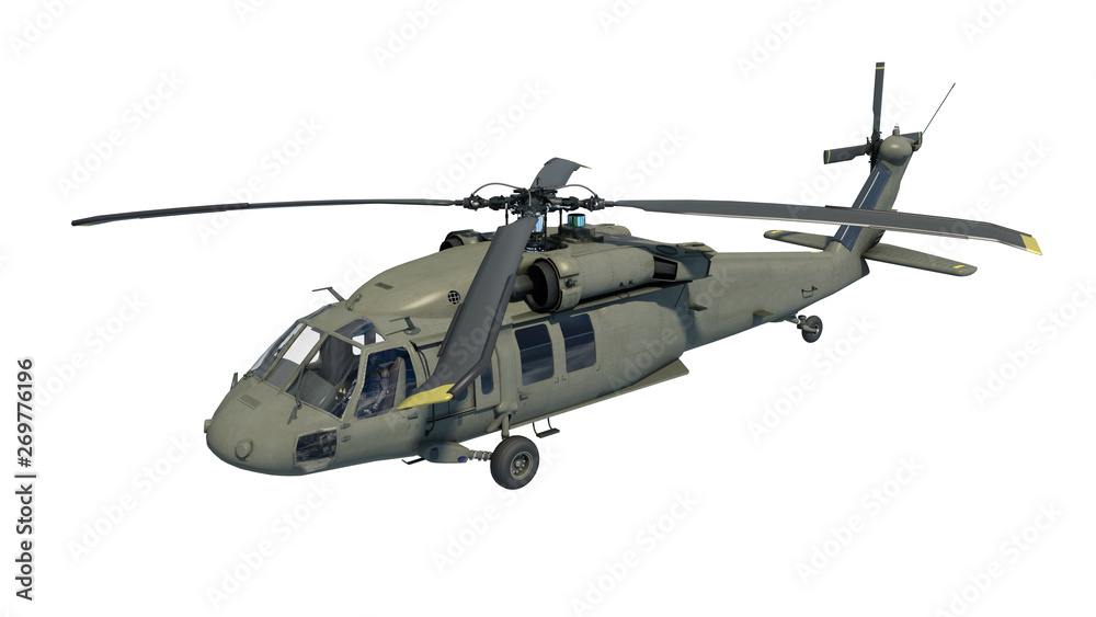 Helicopter in flight, military aircraft, army chopper isolated on white background, 3D rendering Helicopter in flight, military aircraft, army chopper isolated on white background, 3D rendering