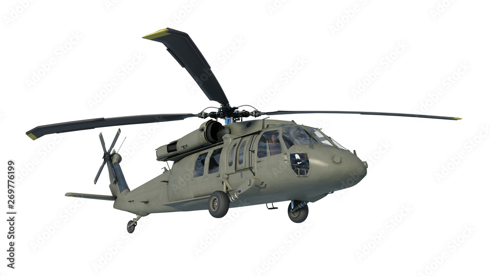 Fototapeta premium Helicopter in flight, military aircraft, army chopper isolated on white background, bottom view, 3D rendering