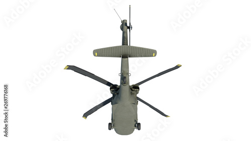 Helicopter in flight, military aircraft, army chopper isolated on white background, rear bottom view, 3D rendering