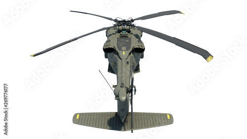 Helicopter in flight, military aircraft, army chopper isolated on white background, rear top view, 3D rendering © freestyle_images