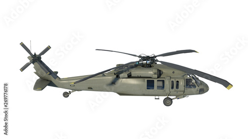 Helicopter in flight, military aircraft, army chopper isolated on white background, side view, 3D rendering