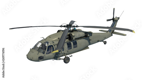 Helicopter in flight, military aircraft, army chopper isolated on white background, 3D rendering