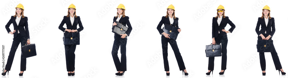 Female architect with bag isolated in white Female architect with bag isolated in white
