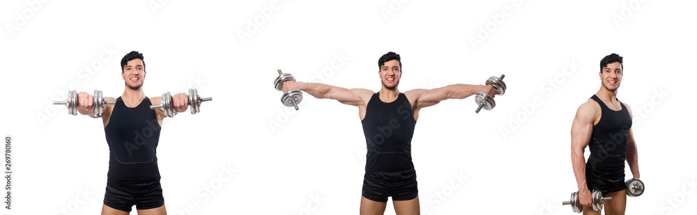 Man with dumbbells isolated on white Man with dumbbells isolated on white