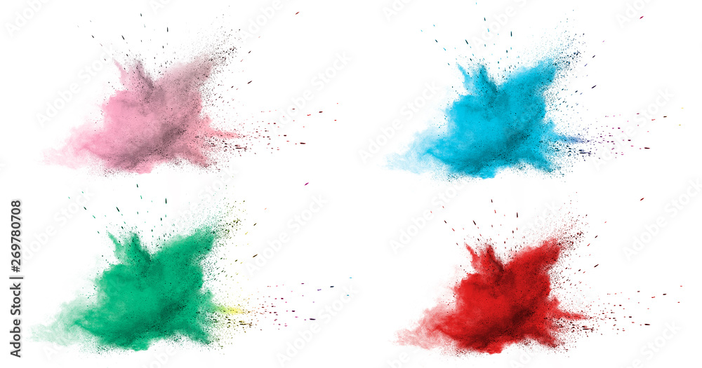 Freeze motion of colorful color powder exploding on white background.  Paint Holi.