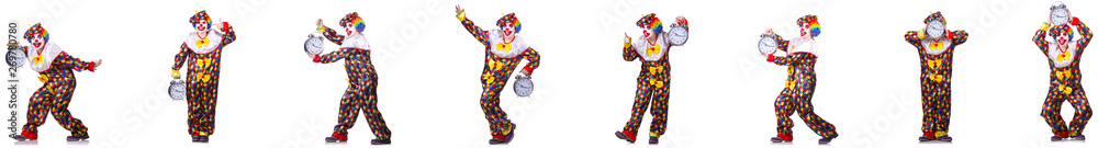 Funny male clown with alarm-clock Funny male clown with alarm-clock