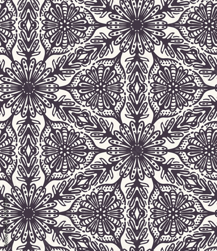 Seamless vector pattern. Modern stylish geometric hand drawn flower blooms. Repeating floral tileable background. Ornamental art deco style. Monochrome surface design textile, all over print wallpaper