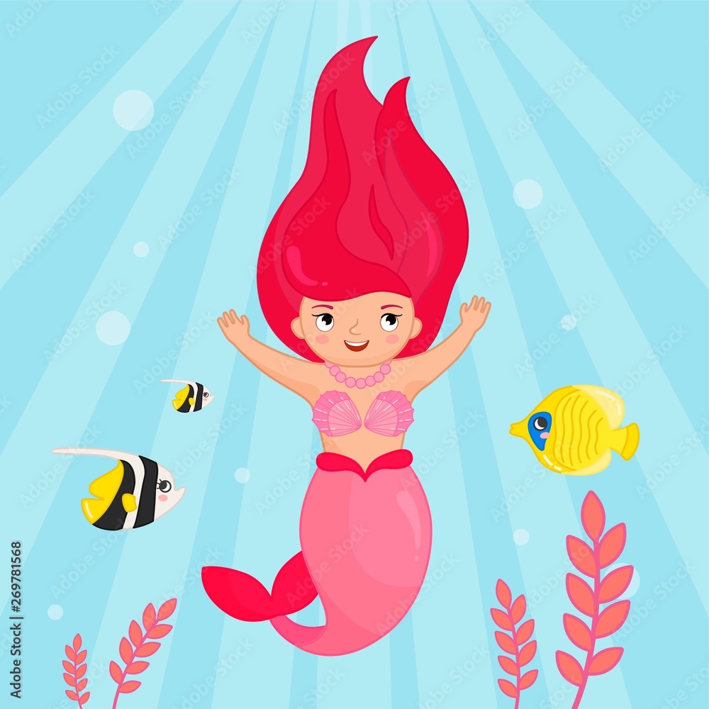 Vector illustration of a cute mermaid in the sea. Cartoon fish.