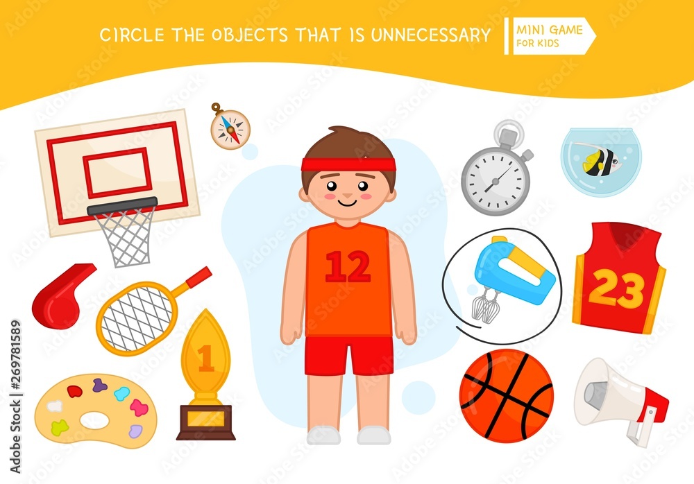 Educational game for children. Cartoon basketball player. Circle the objects that is unnecessary. Educational game for children. Cartoon basketball player. Circle the objects that is unnecessary.
