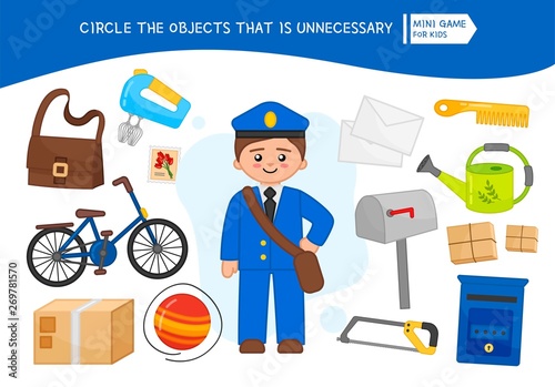 Educational game for children. Cartoon postman. Circle the objects that is unnecessary. 