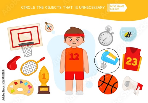 Educational game for children. Cartoon basketball player. Circle the objects that is unnecessary. 