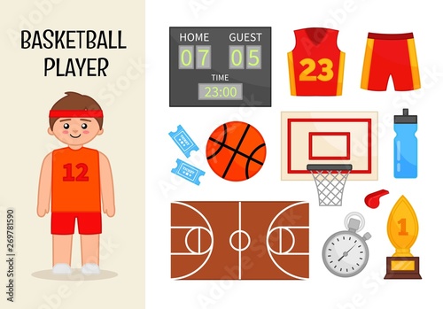 Vector character basketball player. Illustrations of basketball equipment. Set of cartoon professions.