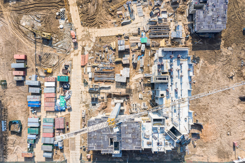 construction of new residential buildings. aerial top view of city construction site