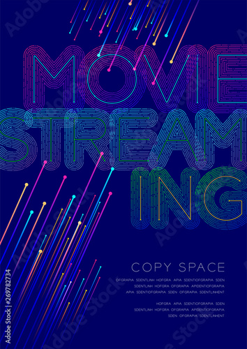 Movie streaming big text dot and dash line pattern layer overlay, Poster banner or flyer template layout design illustration isolated on blue background with copy space, vector eps10